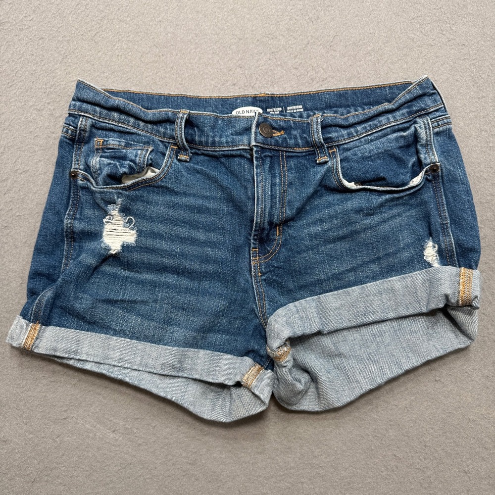 Old Navy Boyfriend Shorts Women's 8 Blue Denim Mid Rise Cuffed Distressed Summer